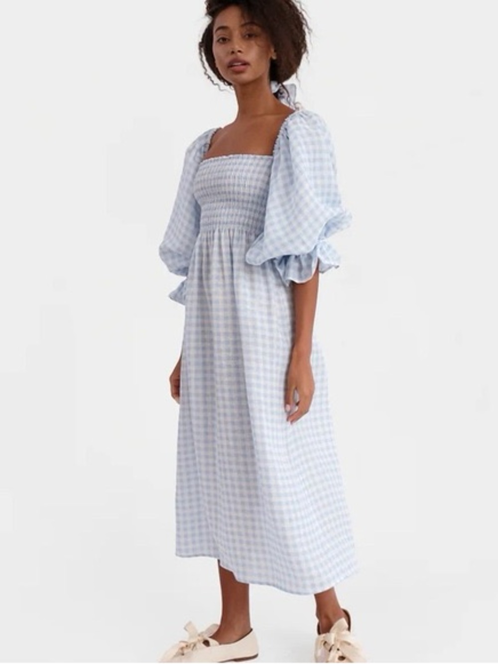 Sleeper Atlanta Linen Midi Dress Blue Gingham Medium - Picture 2 of 15